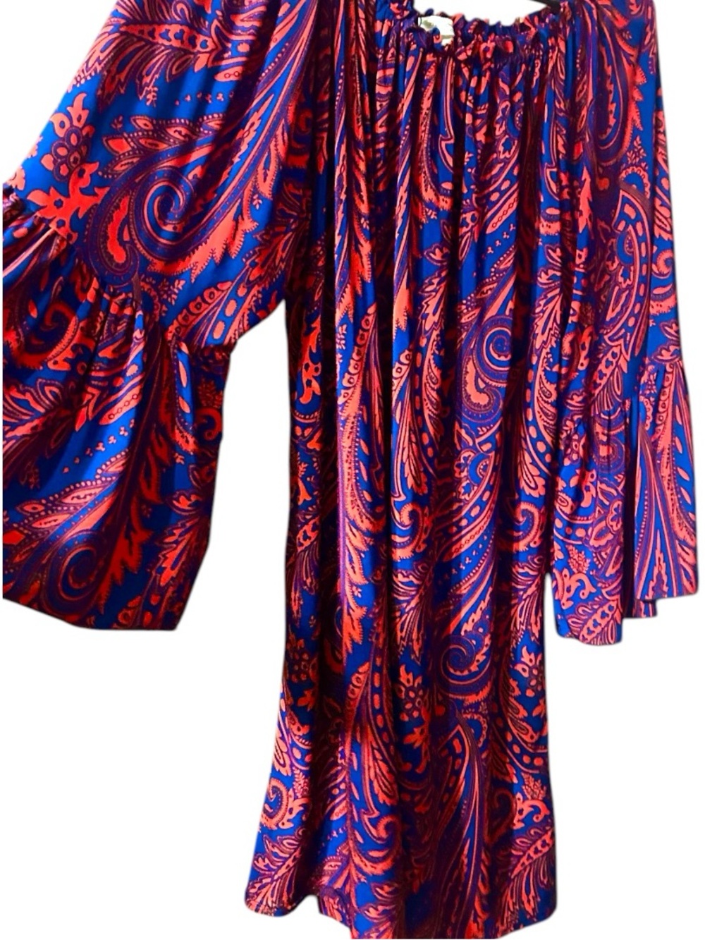 Vibrant Paisley Off-Shoulder Dress in Blue and Red